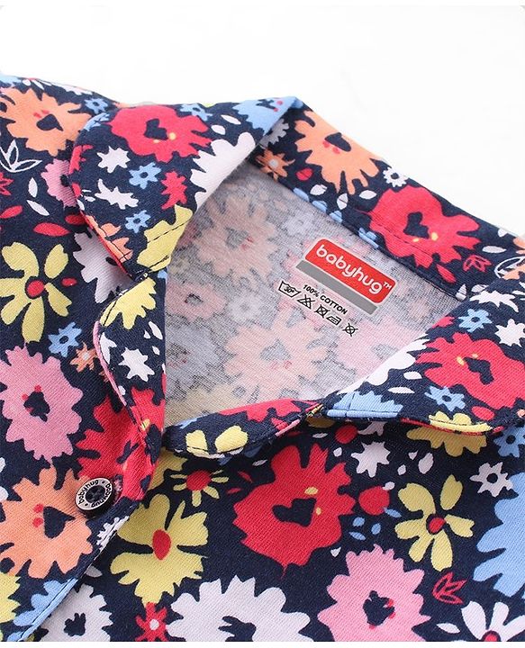 Babyhug Cotton Knit Full Sleeves Night Suit With Floral Print - Navy