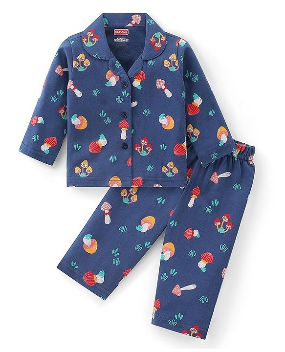 Babyhug Cotton Knit Full Sleeves Printed Night Suit - Navy