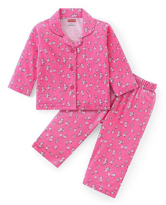 Babyhug Cotton Knit Full Sleeves Collar Neck Night Suit with Floral Print - Pink