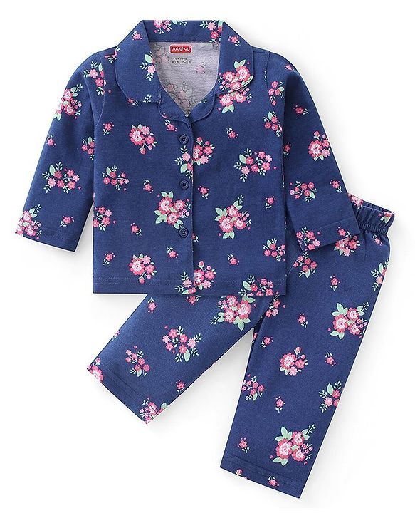 Babyhug Cotton Knit Full Sleeves Collar Neck Night Suit with Floral Print - Navy Blue