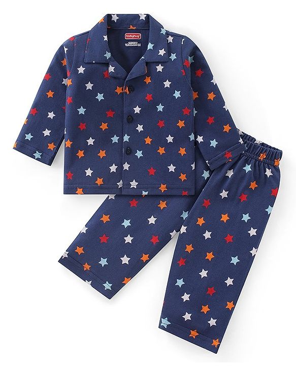 Babyhug Cotton Knit Full Sleeves Collar Neck Night Suit with Star Print  - Navy Blue