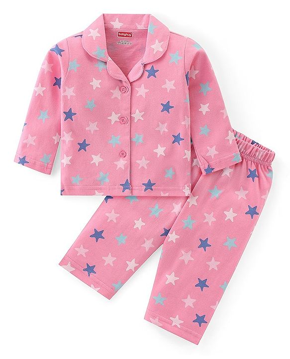 Babyhug Cotton Knit Full Sleeves Collar Neck Night Suit with Star Print - Pink