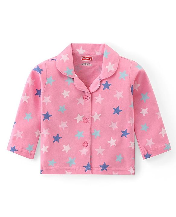 Babyhug Cotton Knit Full Sleeves Collar Neck Night Suit with Star Print - Pink