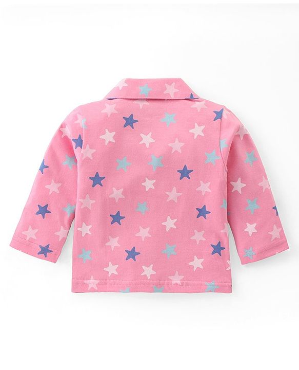 Babyhug Cotton Knit Full Sleeves Collar Neck Night Suit with Star Print - Pink
