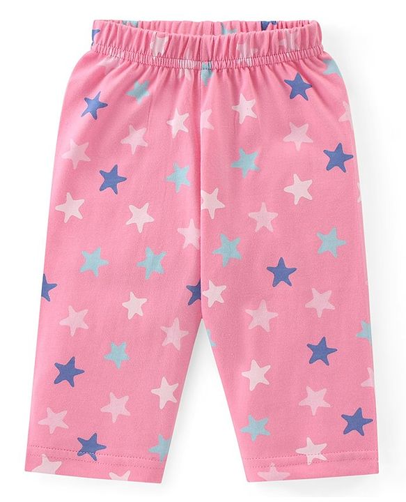 Babyhug Cotton Knit Full Sleeves Collar Neck Night Suit with Star Print - Pink