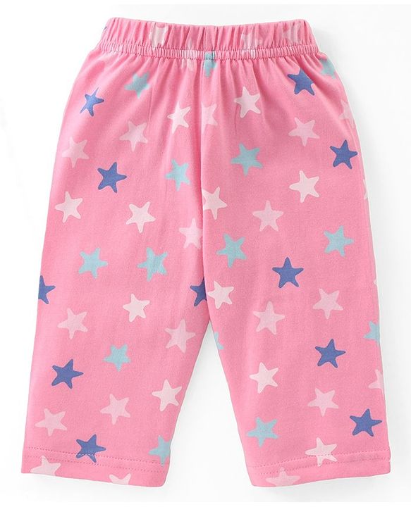 Babyhug Cotton Knit Full Sleeves Collar Neck Night Suit with Star Print - Pink