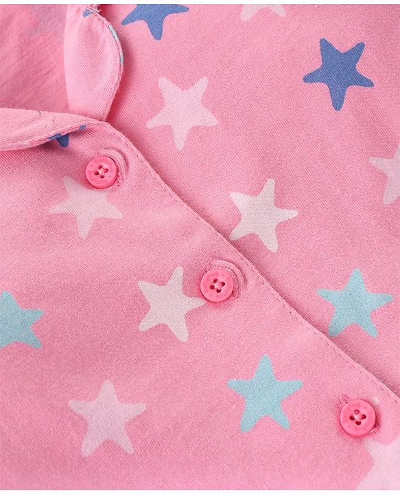 Babyhug Cotton Knit Full Sleeves Collar Neck Night Suit with Star Print - Pink