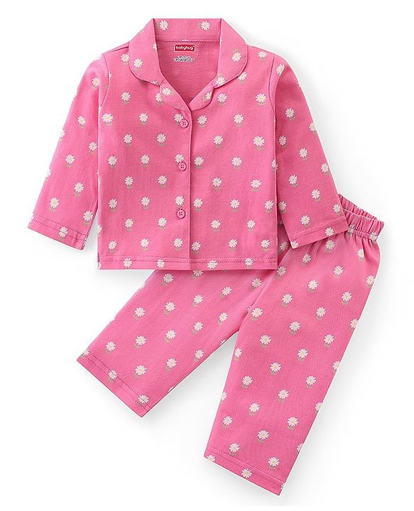 Babyhug Cotton Knit Full Sleeves Collar Neck Night Suit with Floral Print - Pink