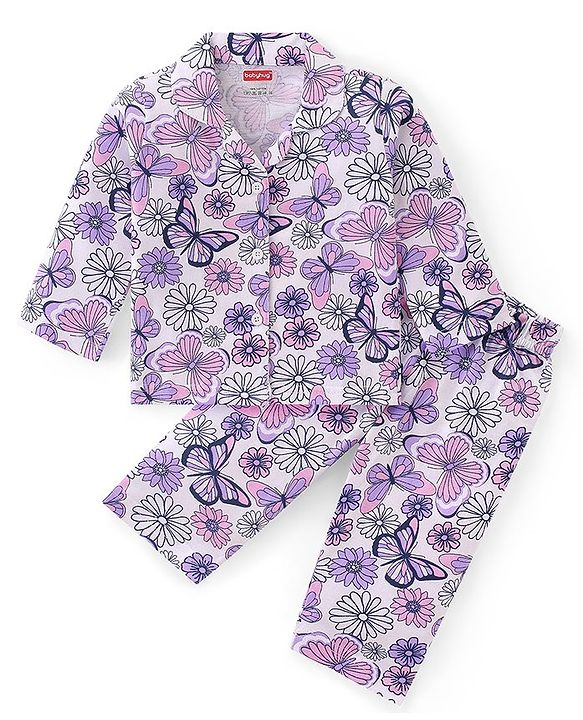 Babyhug Cotton Knit Full Sleeves Collar Neck Night Suit with Floral & Butterfly Print - White