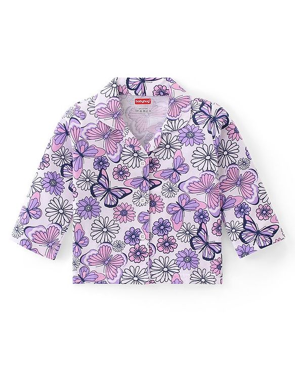 Babyhug Cotton Knit Full Sleeves Collar Neck Night Suit with Floral & Butterfly Print - White