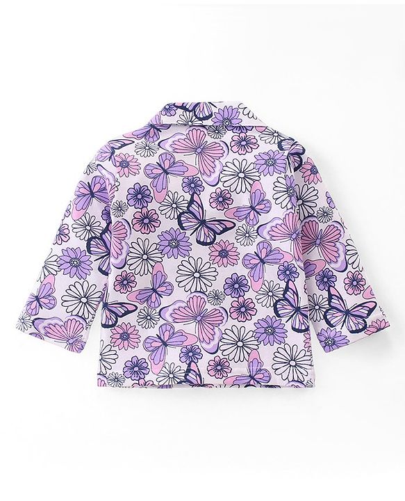 Babyhug Cotton Knit Full Sleeves Collar Neck Night Suit with Floral & Butterfly Print - White