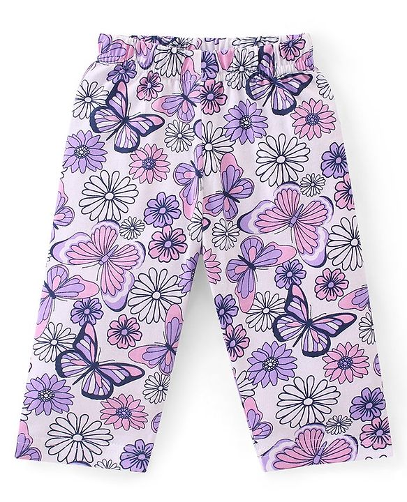 Babyhug Cotton Knit Full Sleeves Collar Neck Night Suit with Floral & Butterfly Print - White