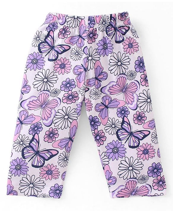 Babyhug Cotton Knit Full Sleeves Collar Neck Night Suit with Floral & Butterfly Print - White