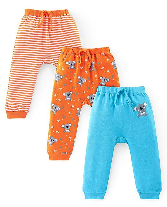 Babyhug Cotton Knit Full Length Diaper Leggings with Stripes & Koala Print Pack of 3 - Blue & Orange