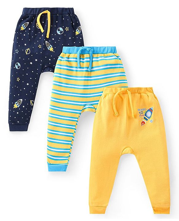 Babyhug Cotton Knit Full Length Striped Diaper Pants with Space Theme Print Pack of 3 - Multicolour