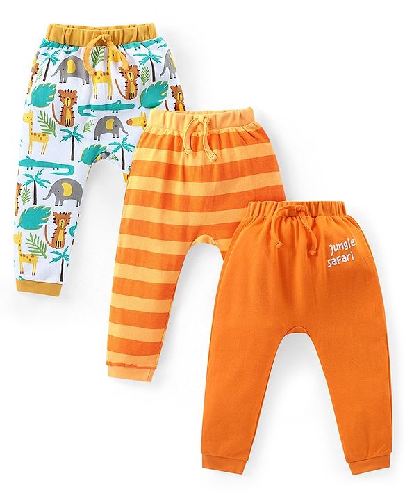 Babyhug Cotton Knit Full Length Diaper Pants Jungle Safari Theme Pack of 3 - Orange