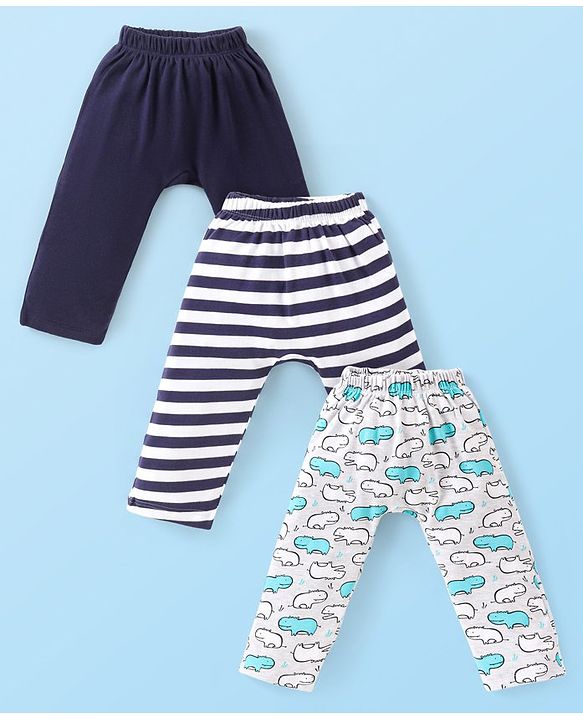 Babyhug  Cotton Knit Full Length Diaper Leggings with Stripes & Dino Print Pack of 3 - Multicolor