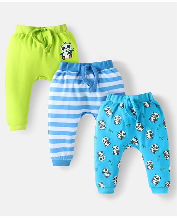Babyhug Cotton Knit Full Length Diaper Pants Striped & Animal Print Pack Of 3 - Blue & Neon Green