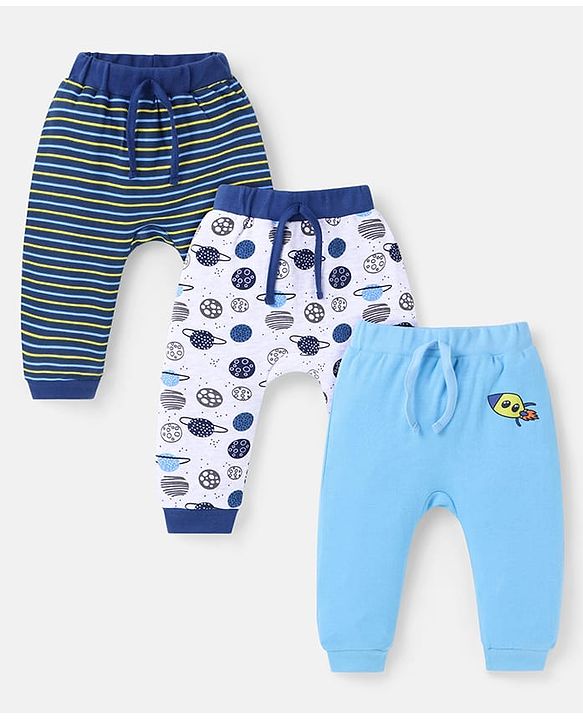 Babyhug Cotton Knit Full Length Diaper Leggings With Stripes & Space Theme Print Pack Of 3 - Navy White & Light Blue