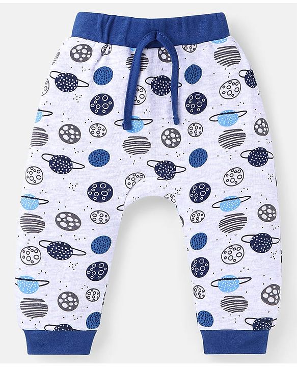 Babyhug Cotton Knit Full Length Diaper Leggings With Stripes & Space Theme Print Pack Of 3 - Navy White & Light Blue