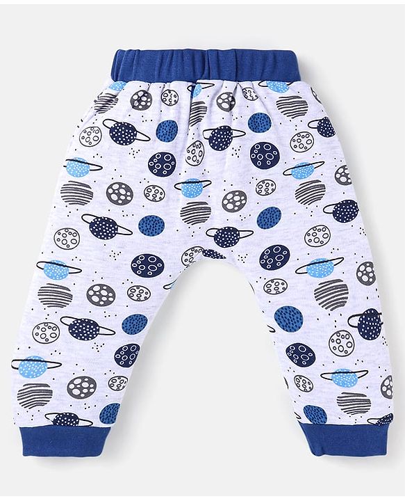 Babyhug Cotton Knit Full Length Diaper Leggings With Stripes & Space Theme Print Pack Of 3 - Navy White & Light Blue
