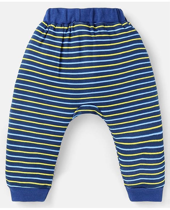 Babyhug Cotton Knit Full Length Diaper Leggings With Stripes & Space Theme Print Pack Of 3 - Navy White & Light Blue