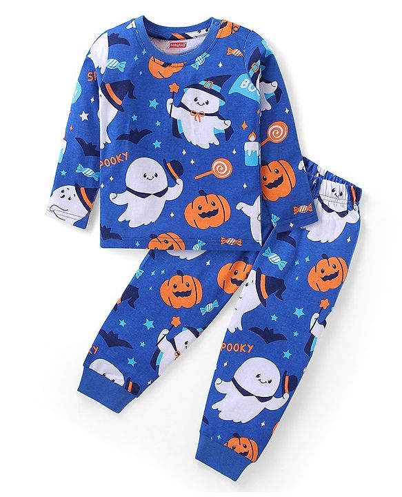 Babyhug Cotton Knit Full Sleeves Night Suit With Halloween Theme - Navy Blue