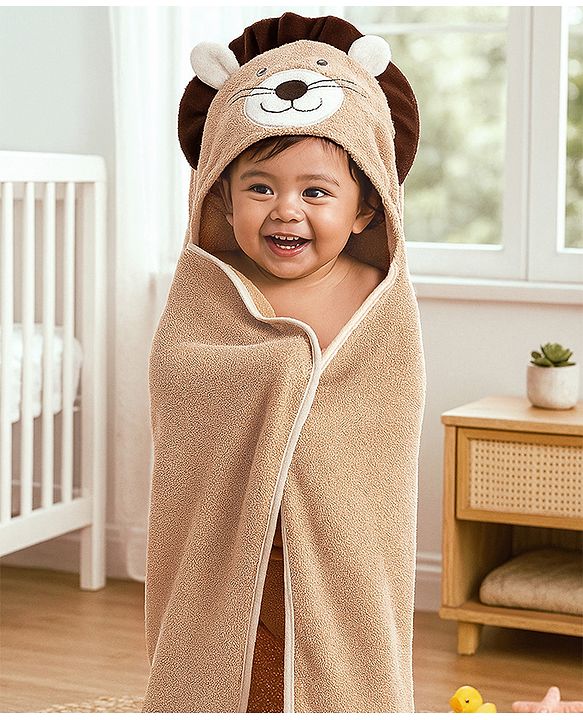 Babyhug  Woven Terry Hooded Towel Lion Embroidery - Brown