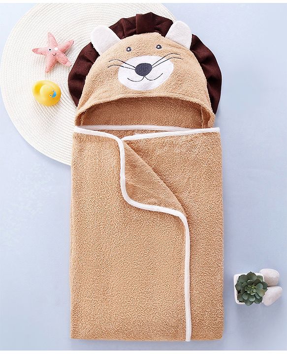 Babyhug  Woven Terry Hooded Towel Lion Embroidery - Brown
