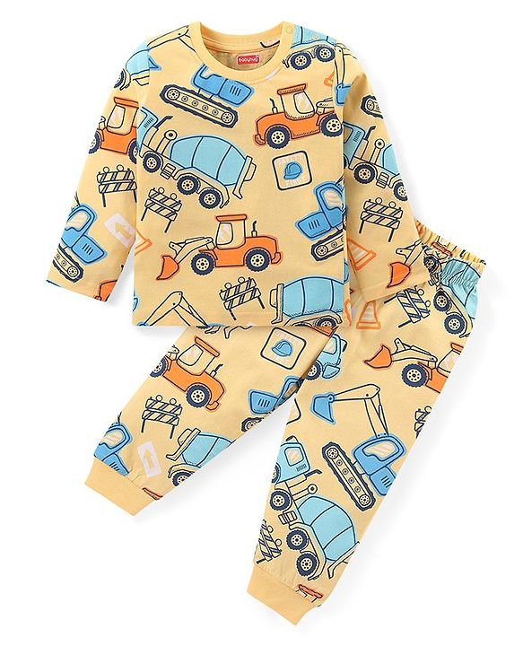 Babyhug Cotton Knit Full Sleeves Night Suit With Vehicles Print - Yellow