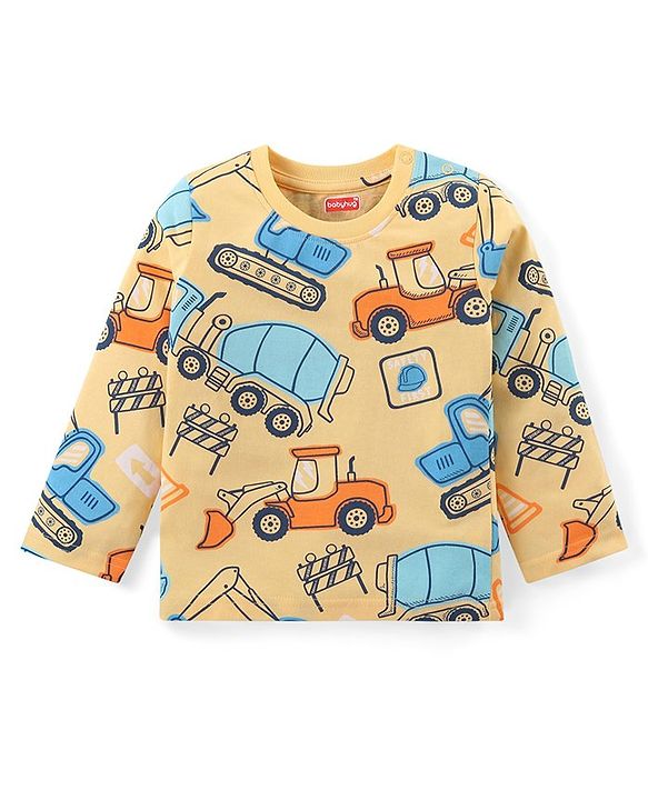 Babyhug Cotton Knit Full Sleeves Night Suit With Vehicles Print - Yellow