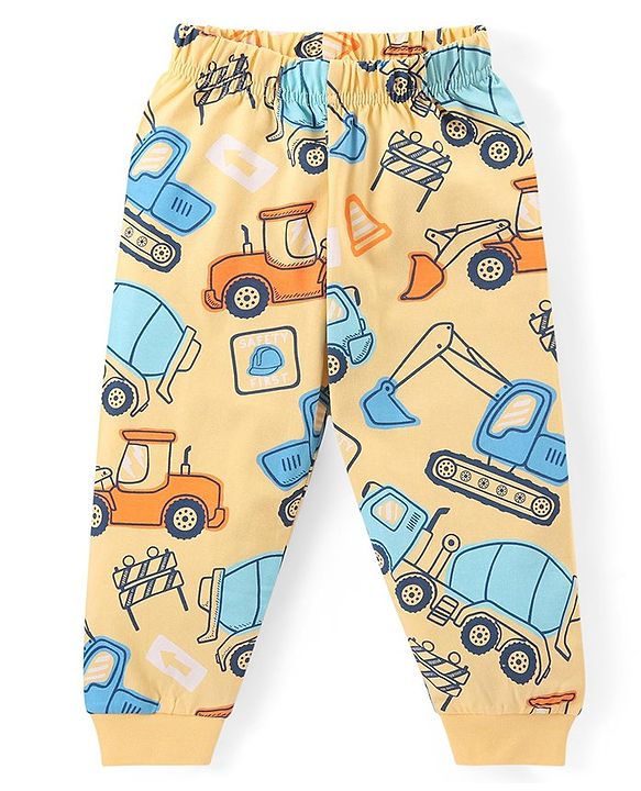 Babyhug Cotton Knit Full Sleeves Night Suit With Vehicles Print - Yellow