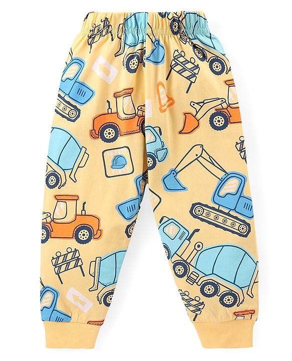 Babyhug Cotton Knit Full Sleeves Night Suit With Vehicles Print - Yellow