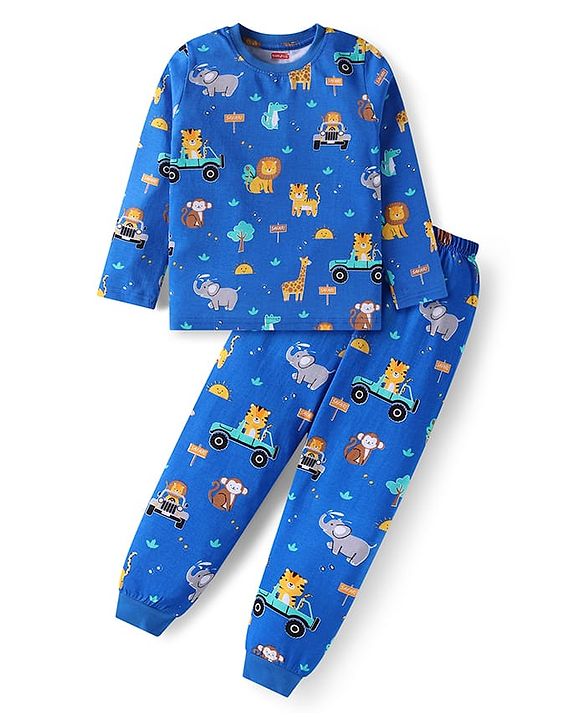 Babyhug Cotton Knit Full Sleeves Night Suit With Animals Print - Blue