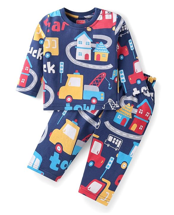 Babyhug Cotton Knit Full Sleeves Night Suit With Vehicle Print - Blue