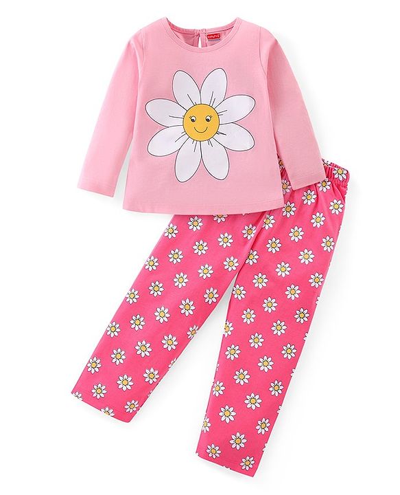 Babyhug Cotton Knit Full Sleeves Floral Printed Night Suit - Pink