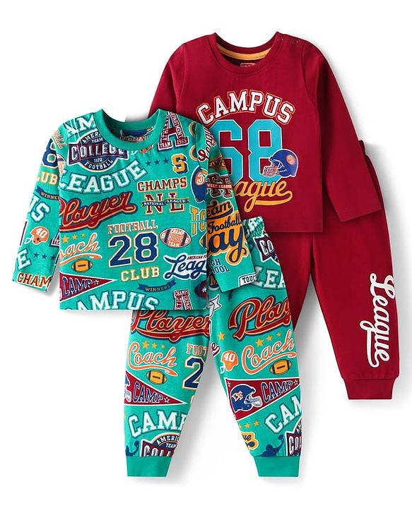 Babyhug Cotton Knit Full Sleeves Night Suits with Sports Print  Pack of 2 - Brown & Green