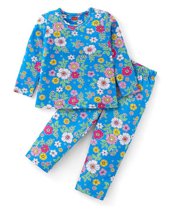 Babyhug Cotton Knit Full Sleeves Night Suit With Floral Print - Blue