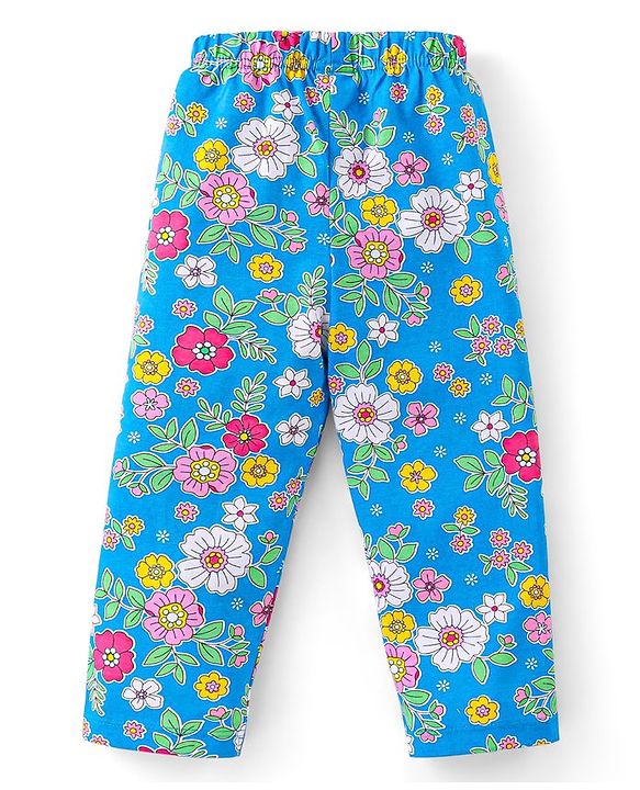 Babyhug Cotton Knit Full Sleeves Night Suit With Floral Print - Blue