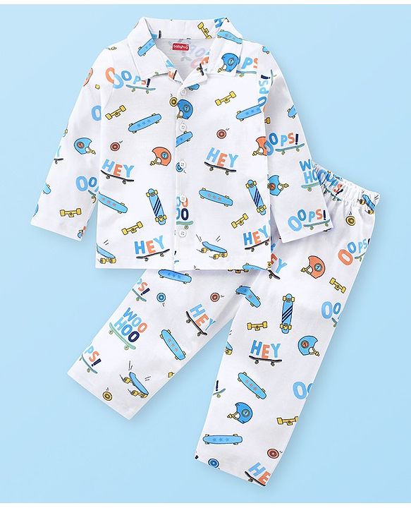 Babyhug Cotton Knit Full Sleeves Night Suit With Skate Print - White