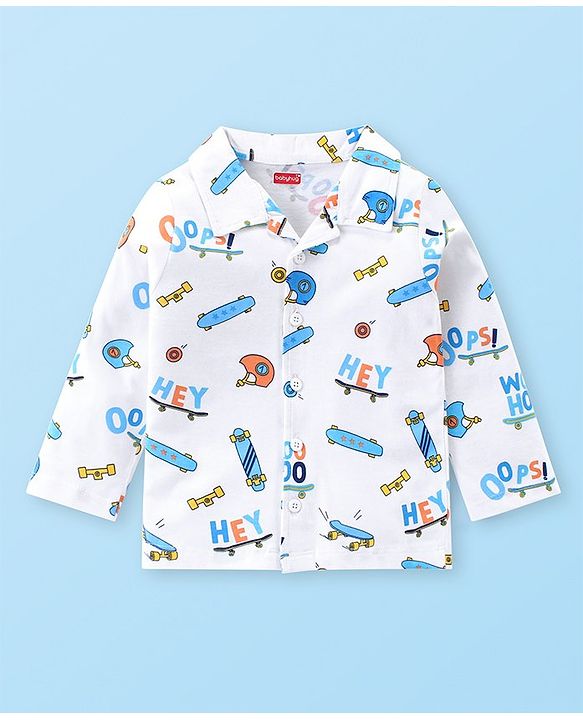 Babyhug Cotton Knit Full Sleeves Night Suit With Skate Print - White