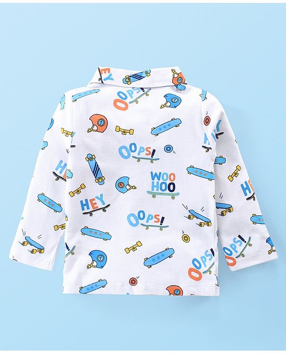 Babyhug Cotton Knit Full Sleeves Night Suit With Skate Print - White