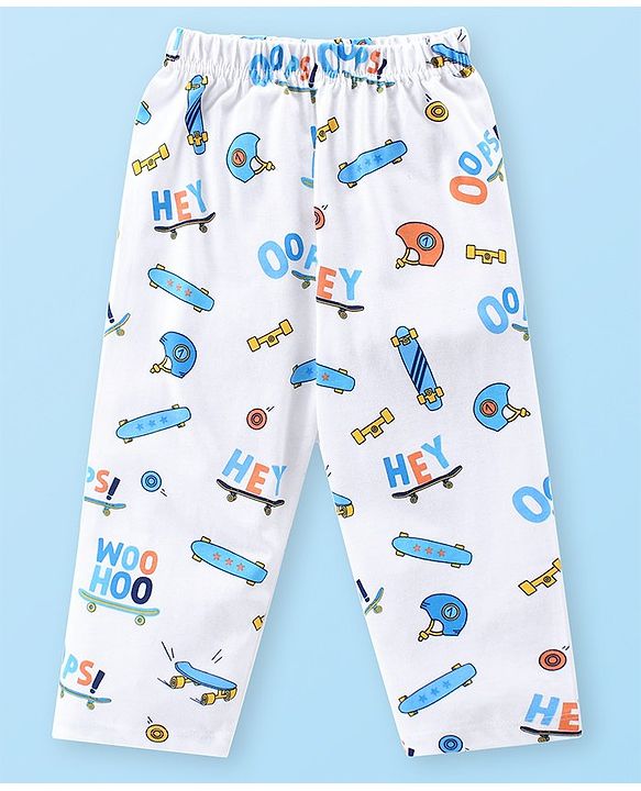 Babyhug Cotton Knit Full Sleeves Night Suit With Skate Print - White