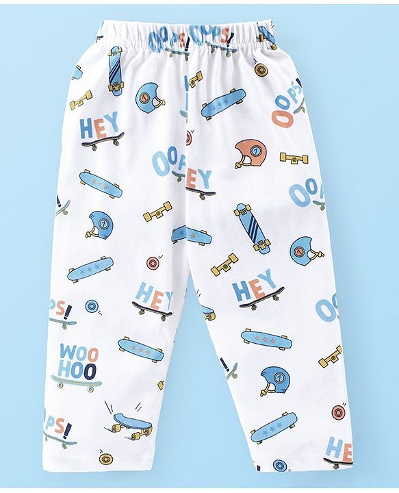 Babyhug Cotton Knit Full Sleeves Night Suit With Skate Print - White