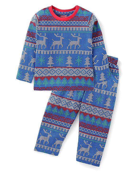 Babyhug Cotton Knit Full Sleeves Night Suit with Deer Print - Navy Blue