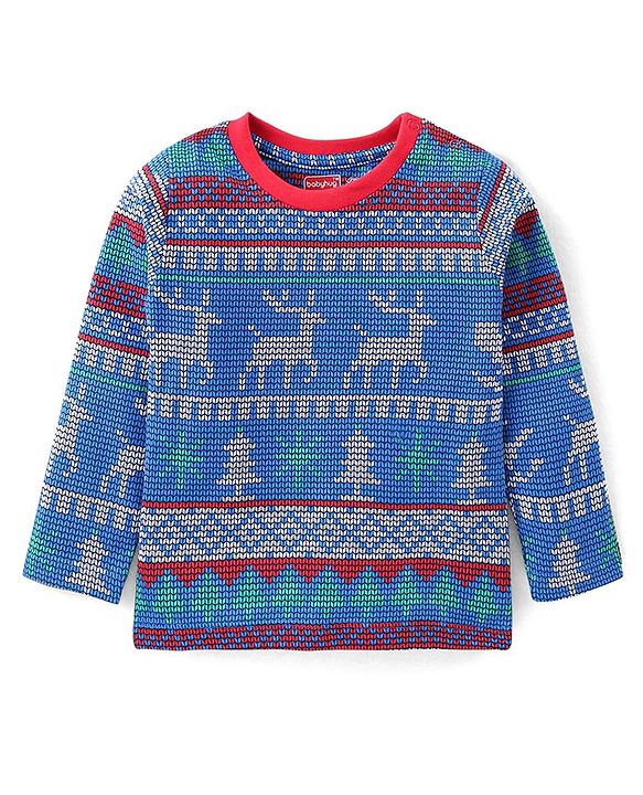 Babyhug Cotton Knit Full Sleeves Night Suit with Deer Print - Navy Blue