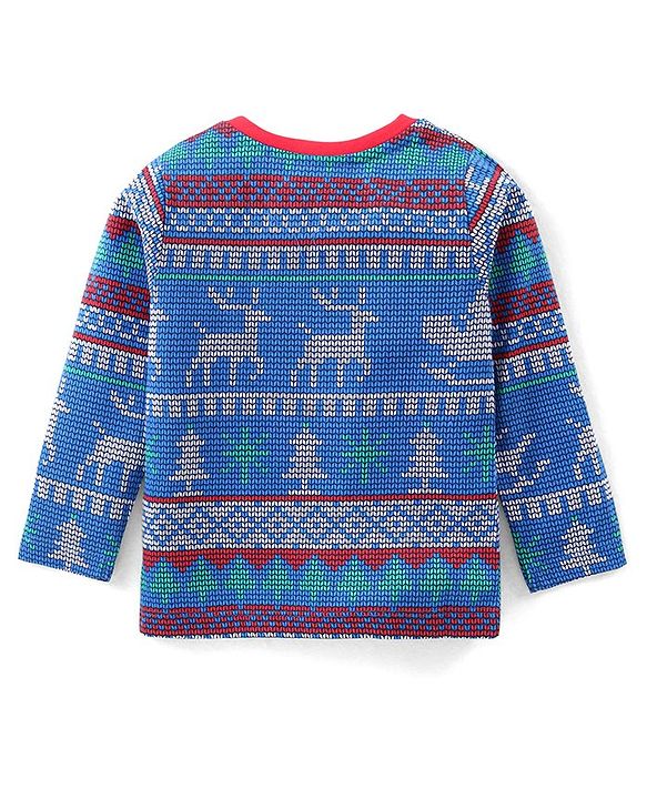 Babyhug Cotton Knit Full Sleeves Night Suit with Deer Print - Navy Blue