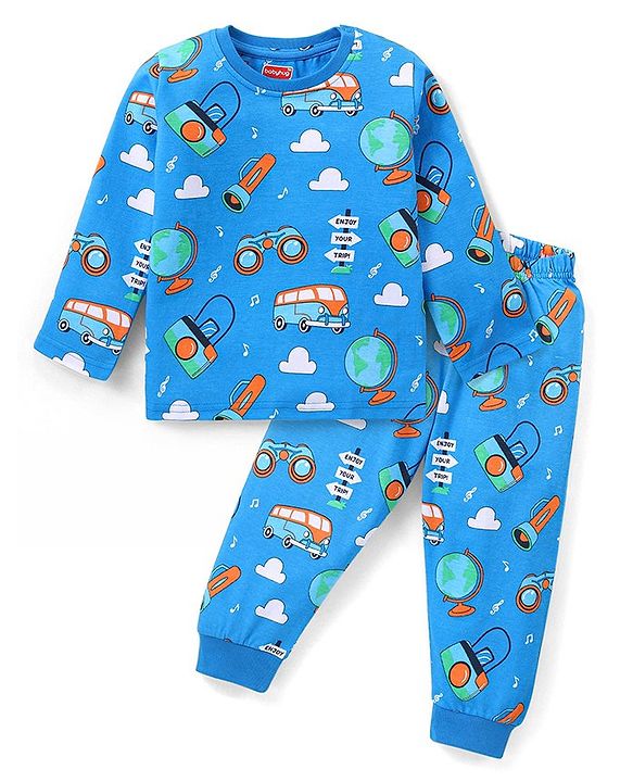 Babyhug Cotton Knit Full Sleeves Night Suit With Vehicle Print - Blue