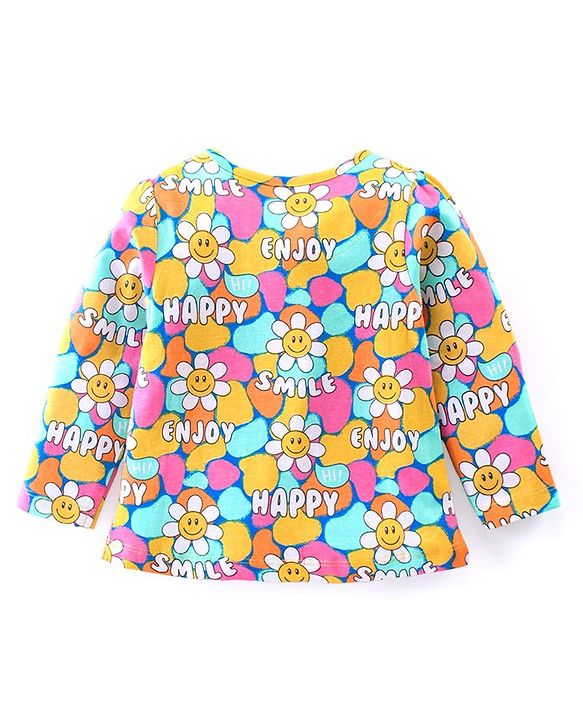 Babyhug Cotton Knit Full Sleeves Night Suit With Floral Smiley Print - Multicolor
