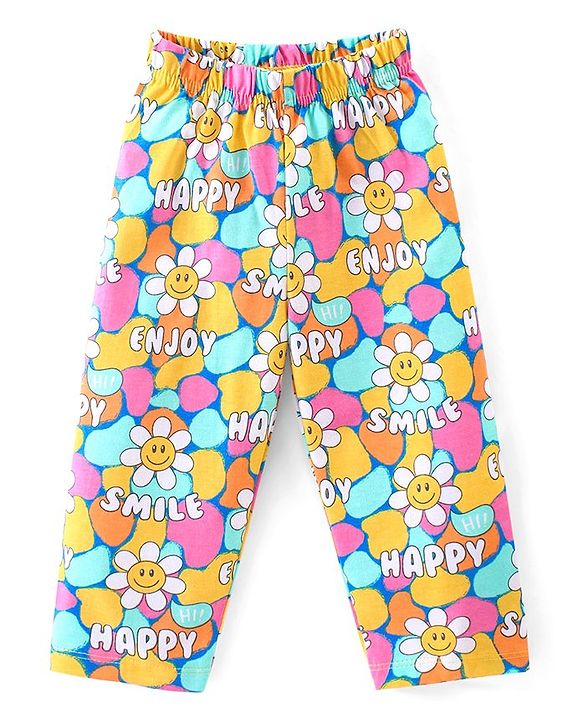 Babyhug Cotton Knit Full Sleeves Night Suit With Floral Smiley Print - Multicolor